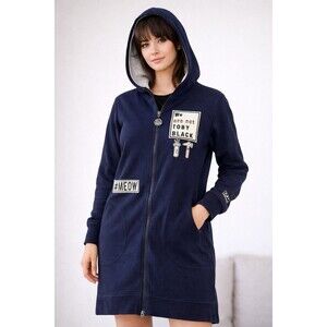 TOBY BLACK Navy Longline Zip-Up Hoodie Dress #MEOW Graphic Patch Sweatshirt M